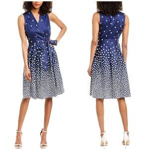 Anne Klein Sleeveless V-Neck Wrap Fit & Flare Midi Dress, Navy w/ Polka Dots, 14
